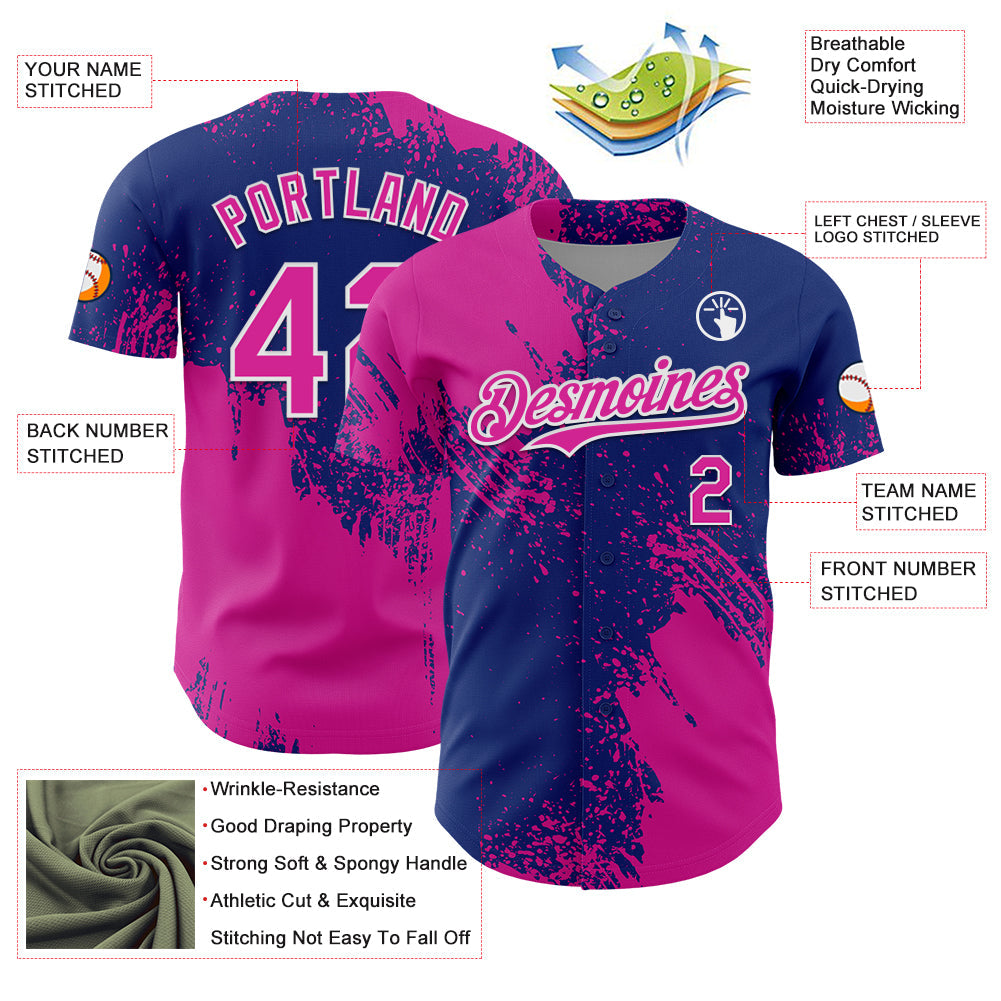 Custom Deep Pink Royal-White 3D Pattern Design Abstract Brush Stroke Authentic Baseball Jersey view 3