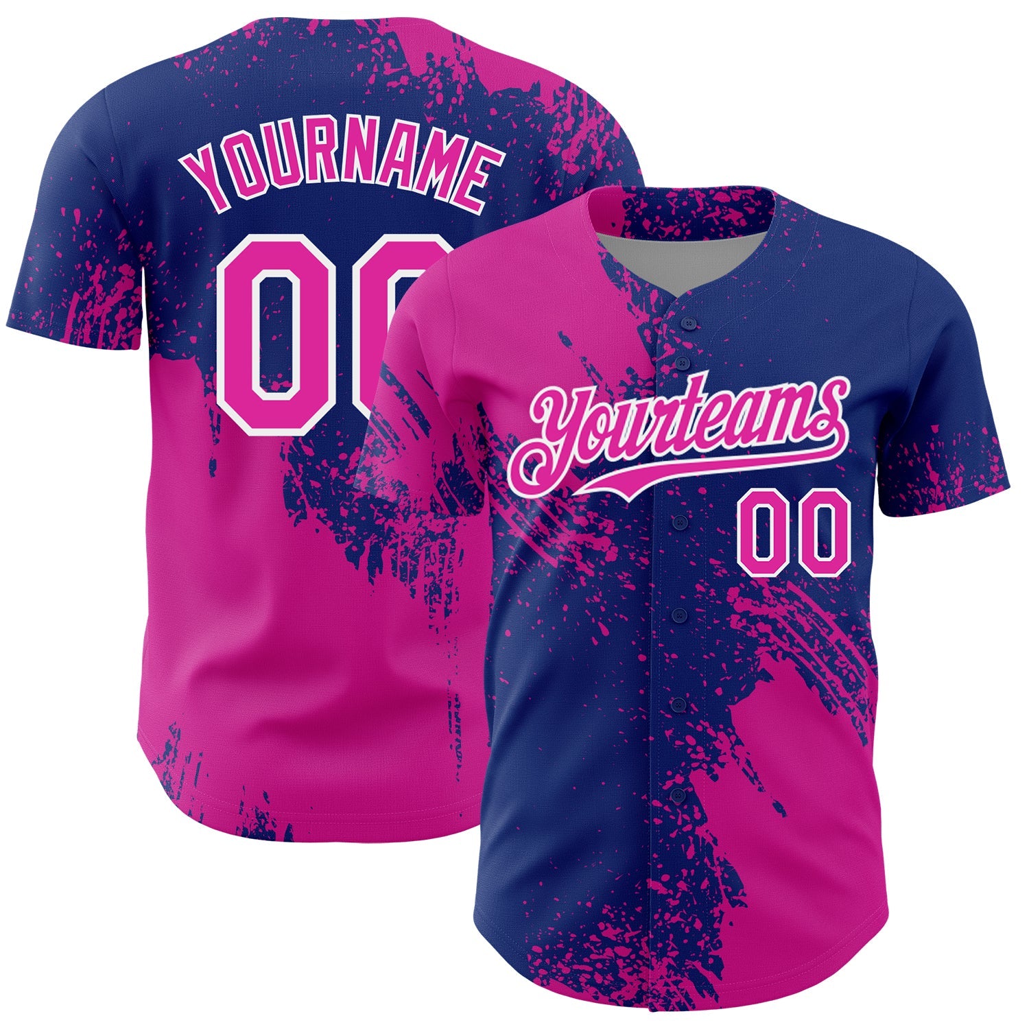 Custom Deep Pink Royal-White 3D Pattern Design Abstract Brush Stroke Authentic Baseball Jersey - Main View