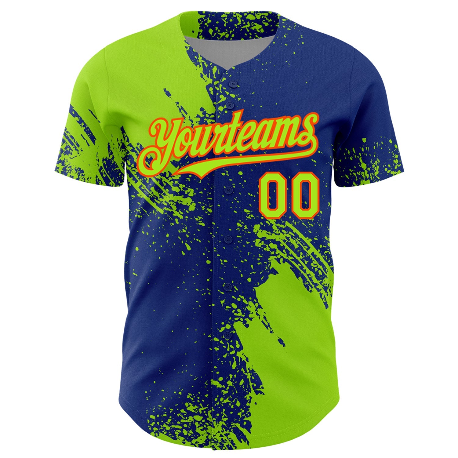 Custom Neon Green Royal-Orange 3D Pattern Design Abstract Brush Stroke Authentic Baseball Jersey view 2
