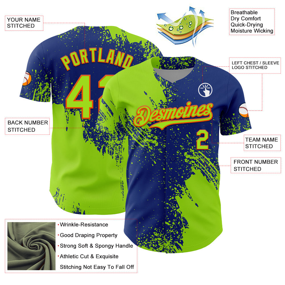 Custom Neon Green Royal-Orange 3D Pattern Design Abstract Brush Stroke Authentic Baseball Jersey view 3