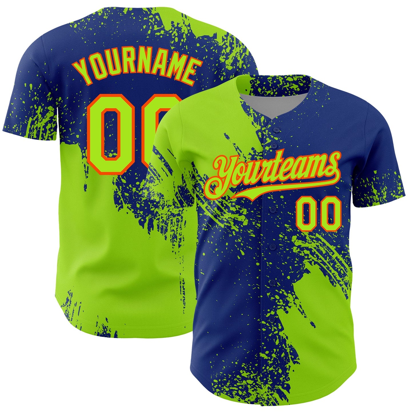 Custom Neon Green Royal-Orange 3D Pattern Design Abstract Brush Stroke Authentic Baseball Jersey - Main View
