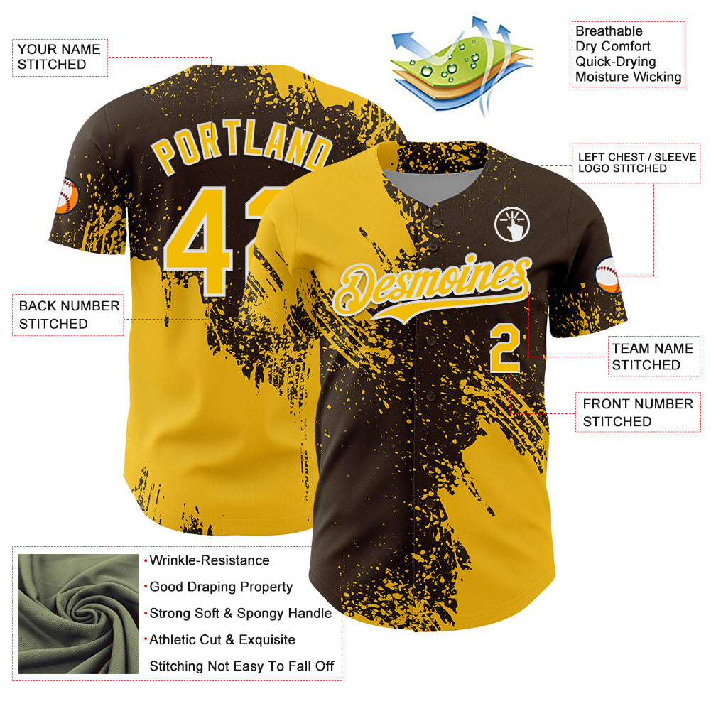 Custom Yellow Brown-White 3D Pattern Design Abstract Brush Stroke Authentic Baseball Jersey view 3