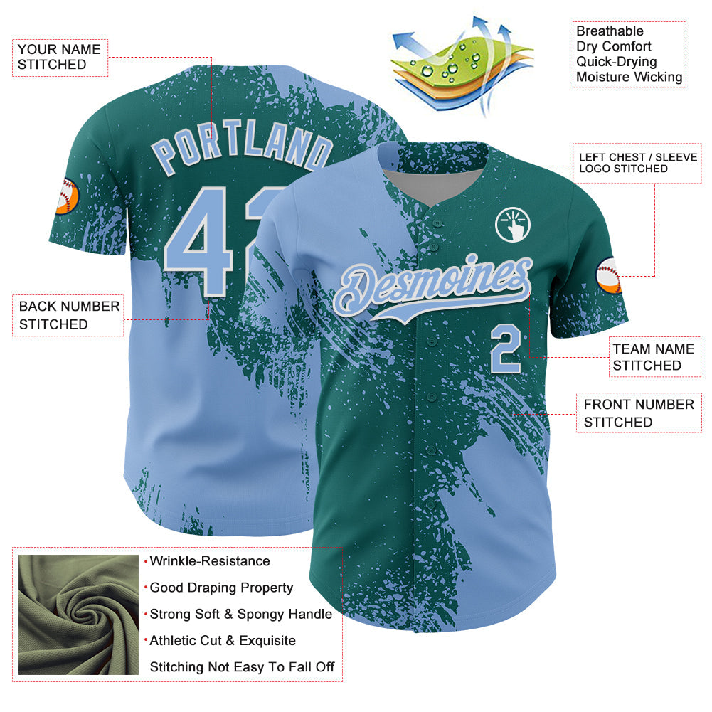 Custom Light Blue Teal-White 3D Pattern Design Abstract Brush Stroke Authentic Baseball Jersey view 3