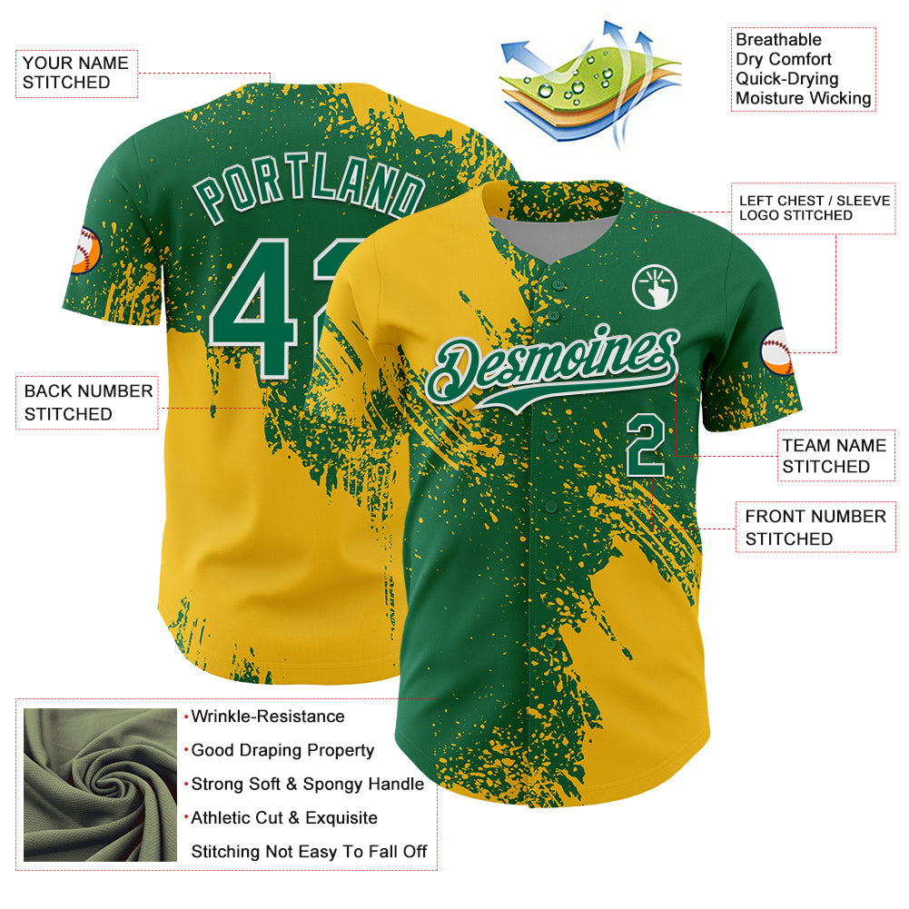Custom Yellow Kelly Green-White 3D Pattern Design Abstract Brush Stroke Authentic Baseball Jersey view 3