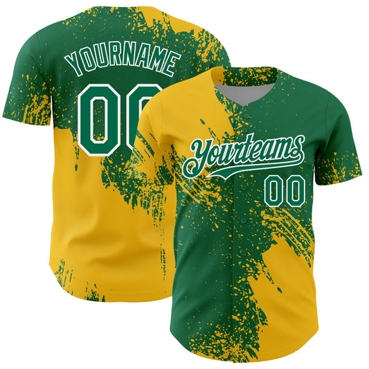 Custom Yellow Kelly Green-White 3D Pattern Design Abstract Brush Stroke Authentic Baseball Jersey - Main View