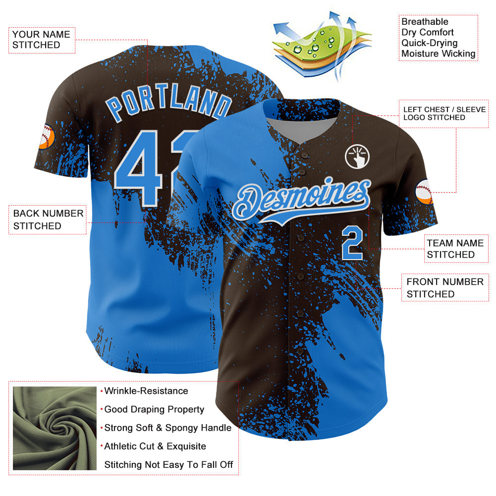 Custom Electric Blue Brown-White 3D Pattern Design Abstract Brush Stroke Authentic Baseball Jersey view 3