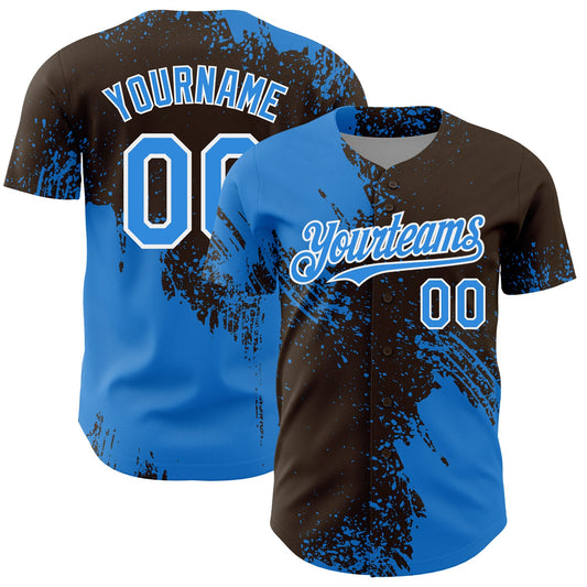 Custom Electric Blue Brown-White 3D Pattern Design Abstract Brush Stroke Authentic Baseball Jersey - Main View