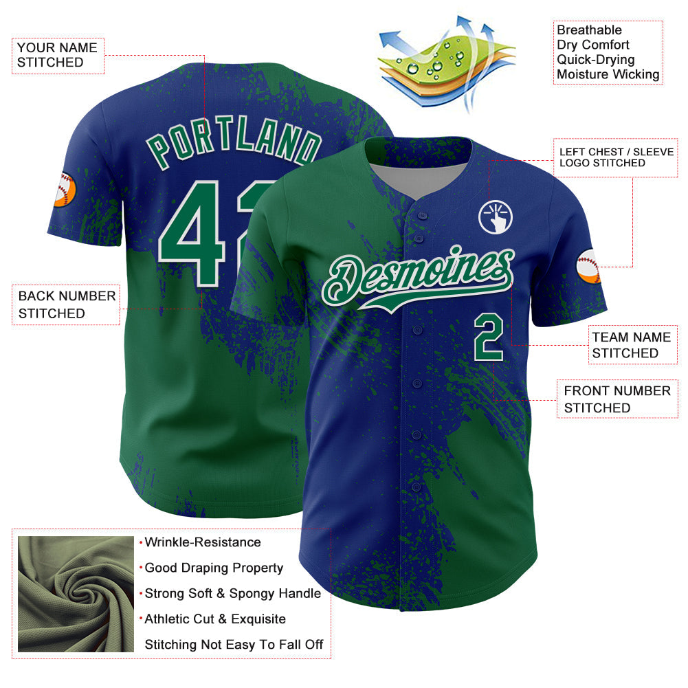 Custom Kelly Green Royal-White 3D Pattern Design Abstract Brush Stroke Authentic Baseball Jersey view 3