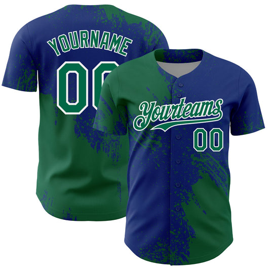 Custom Kelly Green Royal-White 3D Pattern Design Abstract Brush Stroke Authentic Baseball Jersey - Main View