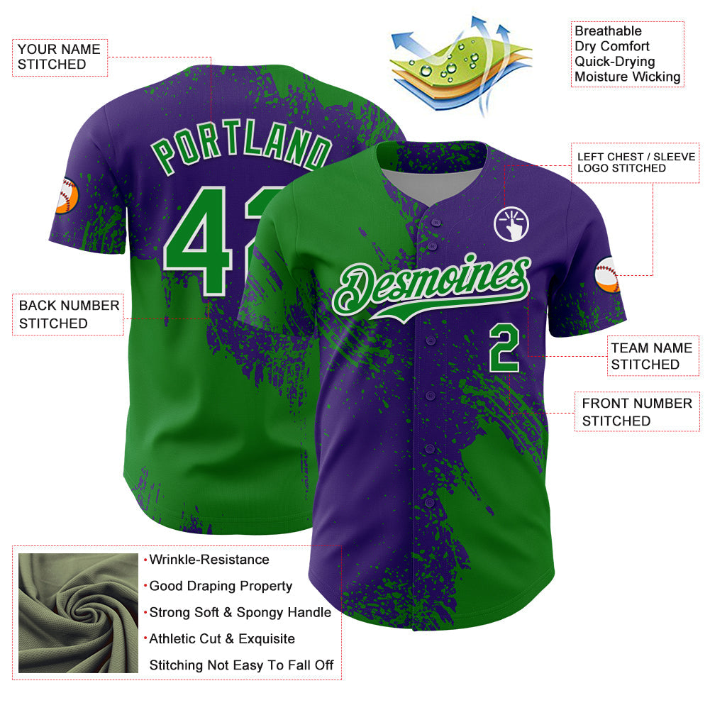 Custom Grass Green Purple-White 3D Pattern Design Abstract Brush Stroke Authentic Baseball Jersey view 3