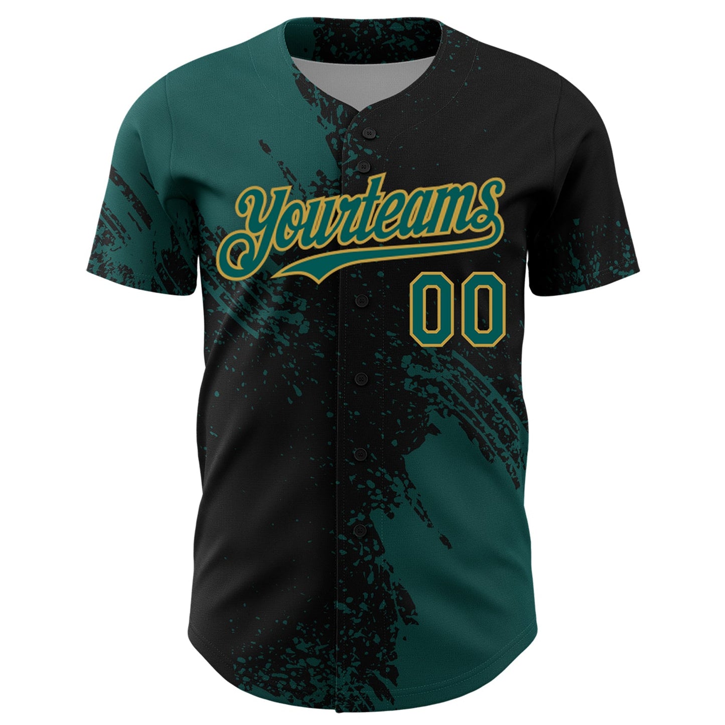 Custom Midnight Green Black-Old Gold 3D Pattern Design Abstract Brush Stroke Authentic Baseball Jersey view 2