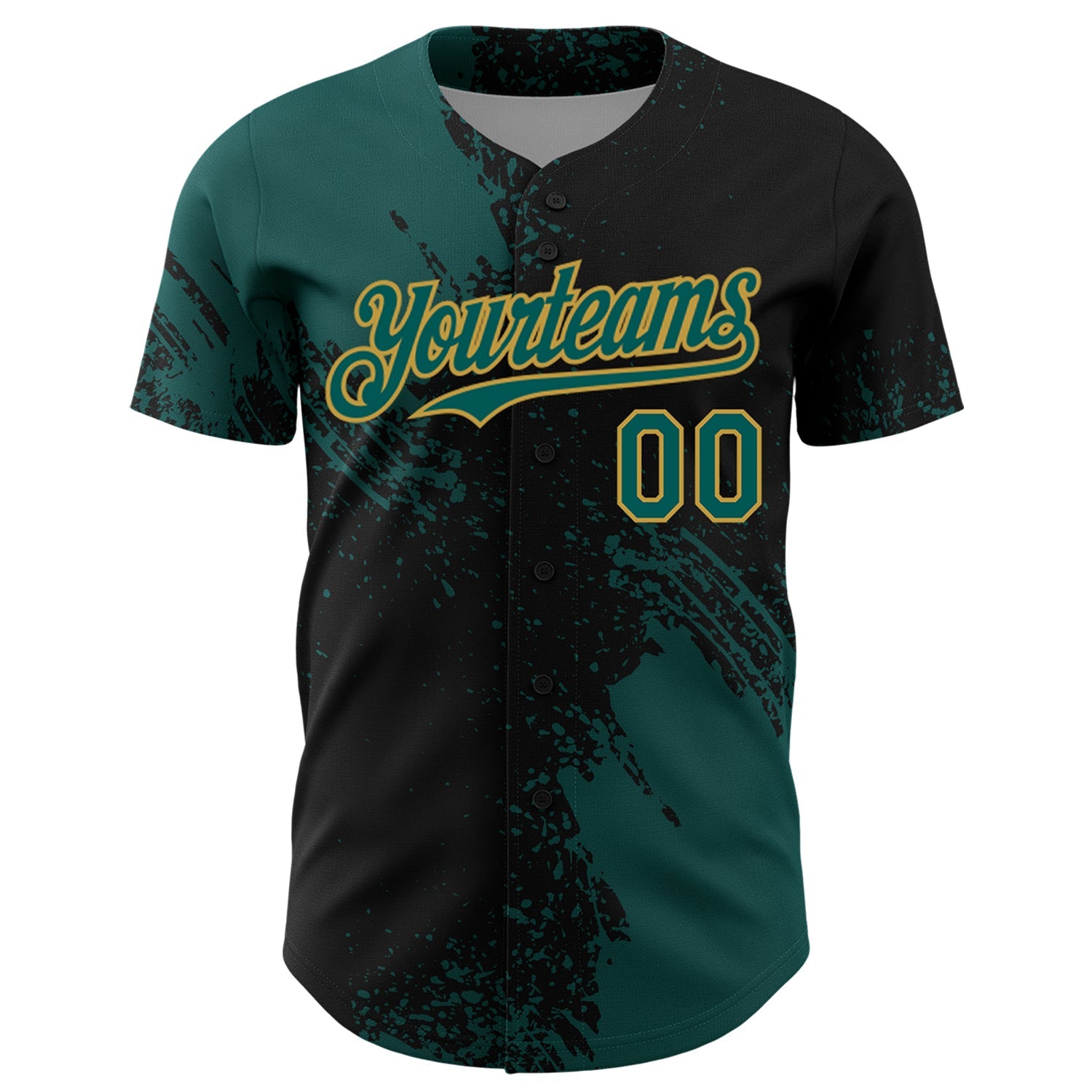 Custom Midnight Green Black-Old Gold 3D Pattern Design Abstract Brush Stroke Authentic Baseball Jersey view 2