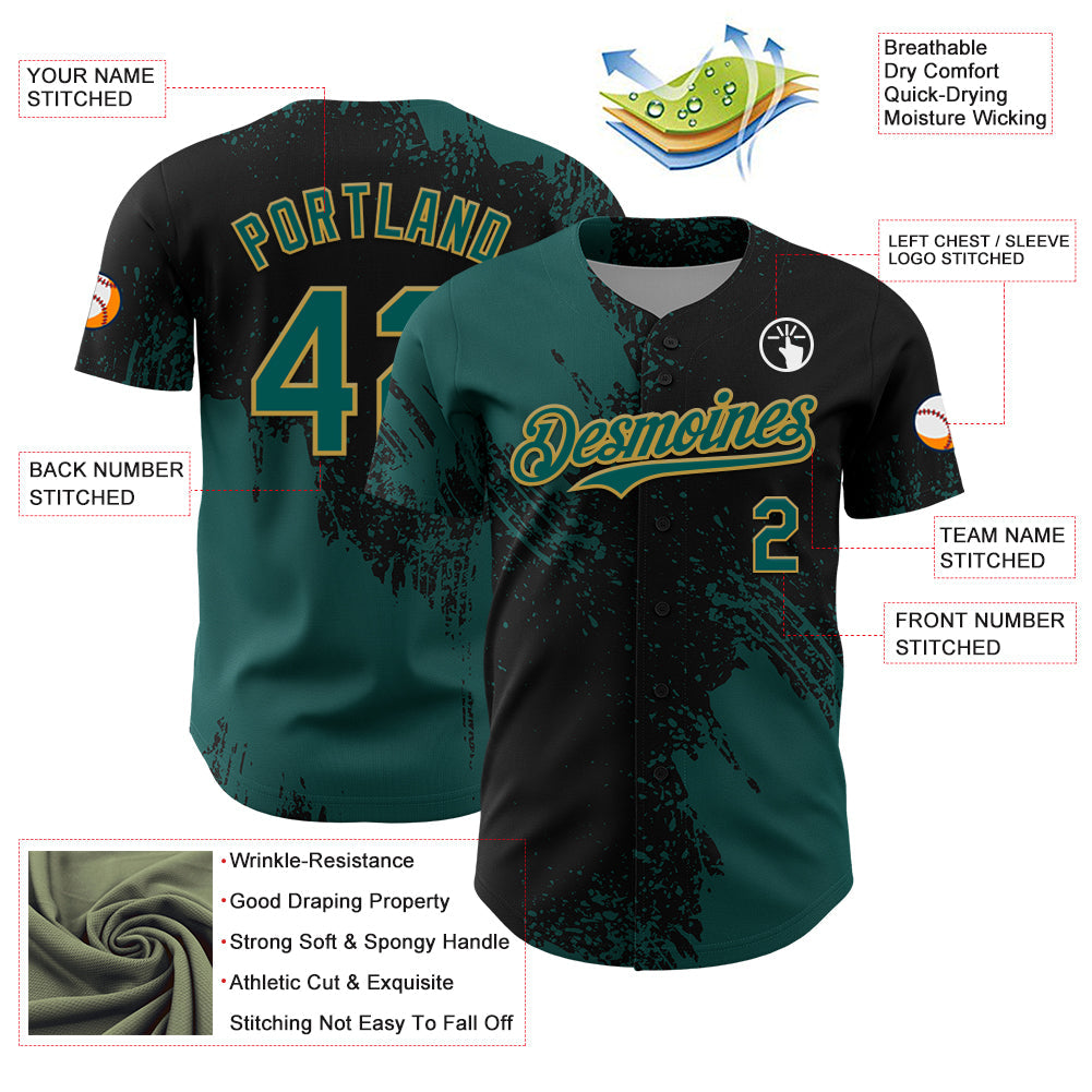 Custom Midnight Green Black-Old Gold 3D Pattern Design Abstract Brush Stroke Authentic Baseball Jersey view 3