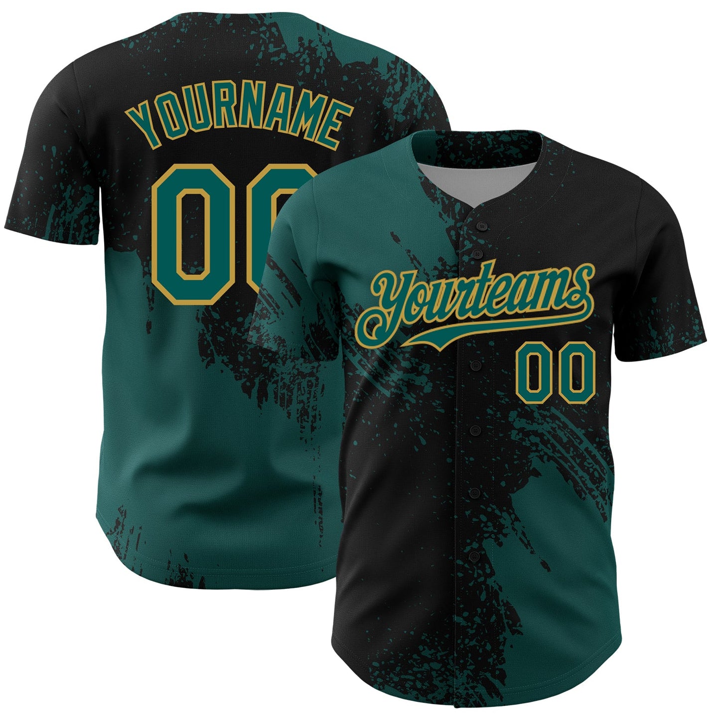 Custom Midnight Green Black-Old Gold 3D Pattern Design Abstract Brush Stroke Authentic Baseball Jersey - Main View
