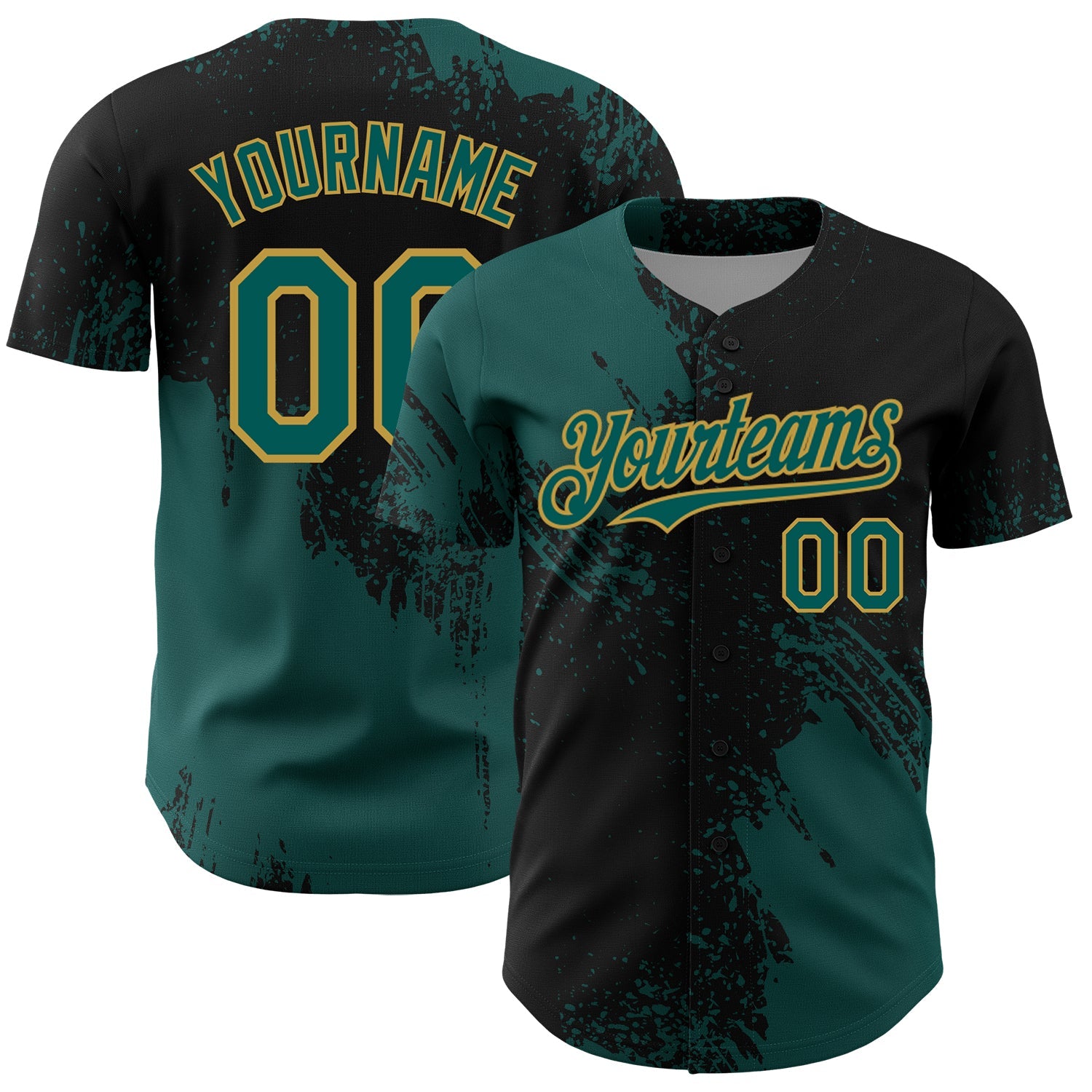 Custom Midnight Green Black-Old Gold 3D Pattern Design Abstract Brush Stroke Authentic Baseball Jersey - Main View
