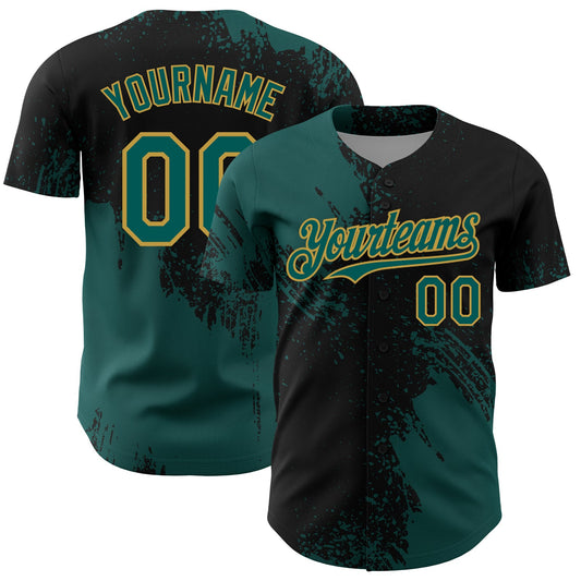 Custom Midnight Green Black-Old Gold 3D Pattern Design Abstract Brush Stroke Authentic Baseball Jersey - Main View