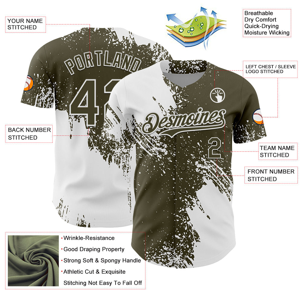 Custom White Olive 3D Pattern Design Abstract Brush Stroke Authentic Baseball Jersey view 3