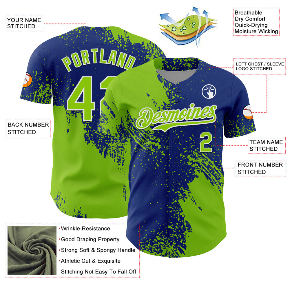 Custom Neon Green Royal-White 3D Pattern Design Abstract Brush Stroke Authentic Baseball Jersey view 3