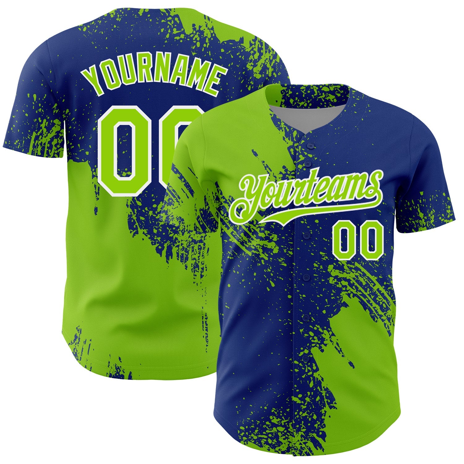 Custom Neon Green Royal-White 3D Pattern Design Abstract Brush Stroke Authentic Baseball Jersey - Main View