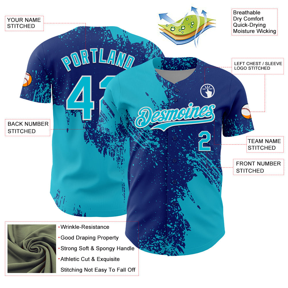 Custom Lakes Blue Royal-White 3D Pattern Design Abstract Brush Stroke Authentic Baseball Jersey view 3