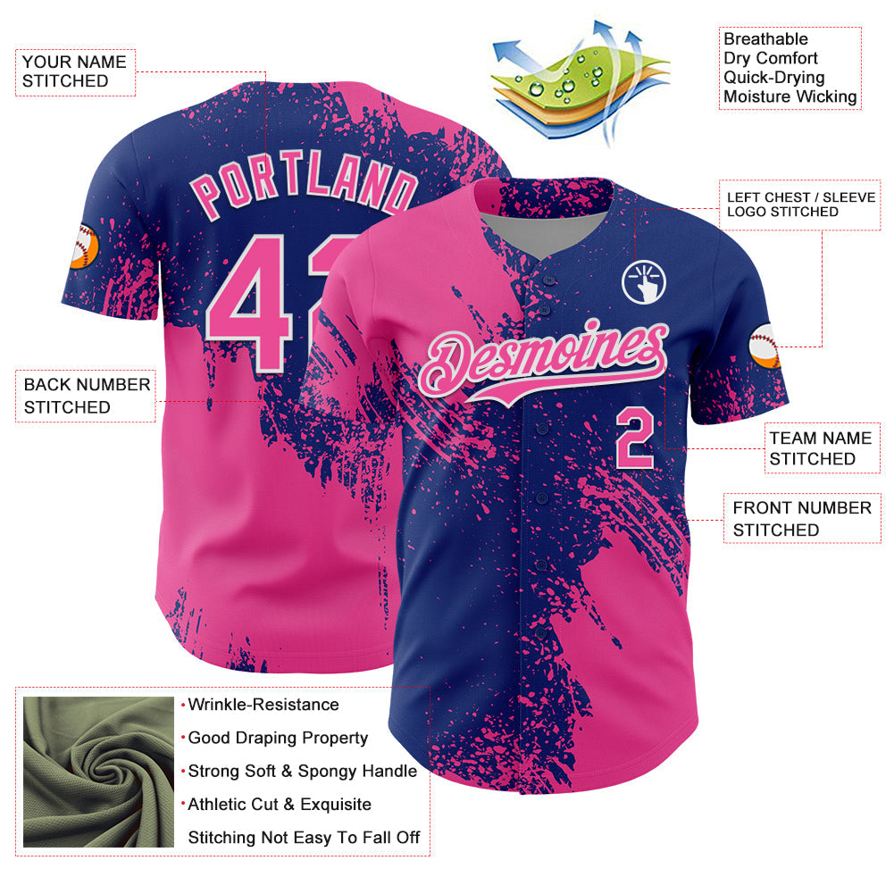 Custom Pink Royal-White 3D Pattern Design Abstract Brush Stroke Authentic Baseball Jersey view 3
