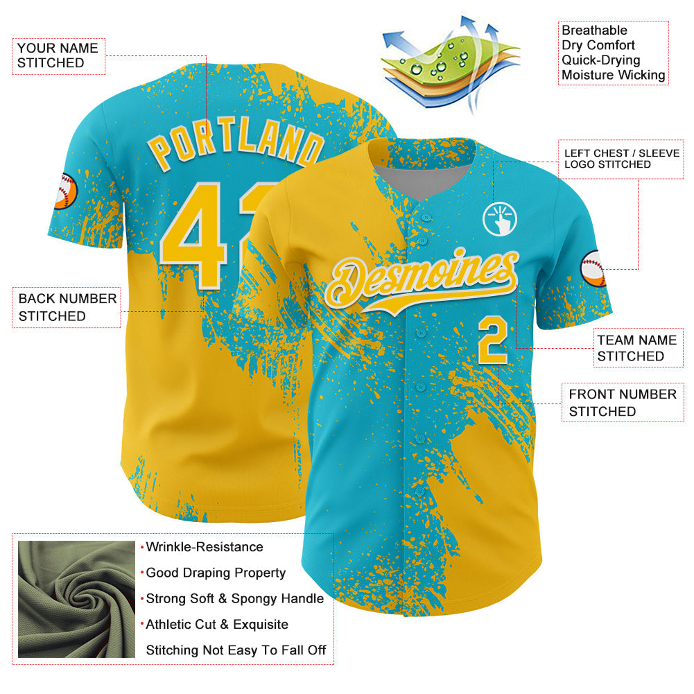 Custom Yellow Lakes Blue-White 3D Pattern Design Abstract Brush Stroke Authentic Baseball Jersey view 3