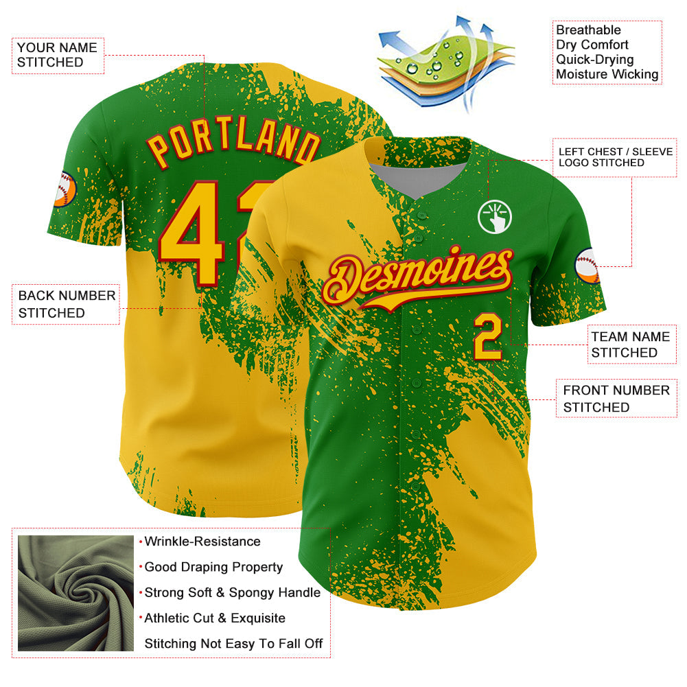 Custom Yellow Grass Green-Red 3D Pattern Design Abstract Brush Stroke Authentic Baseball Jersey view 3