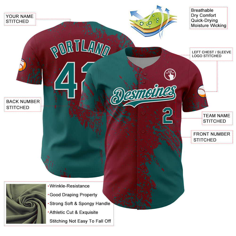 Custom Teal Crimson-White 3D Pattern Design Abstract Brush Stroke Authentic Baseball Jersey view 3