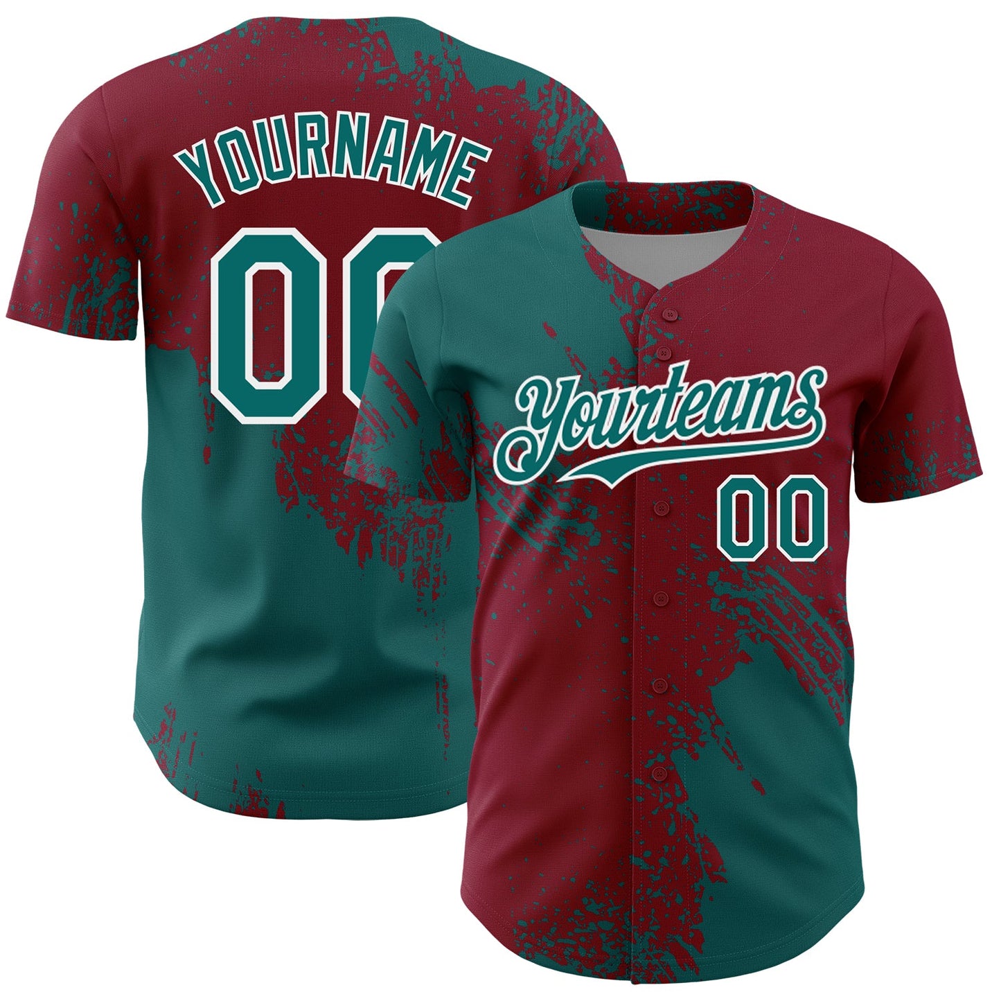 Custom Teal Crimson-White 3D Pattern Design Abstract Brush Stroke Authentic Baseball Jersey - Main View