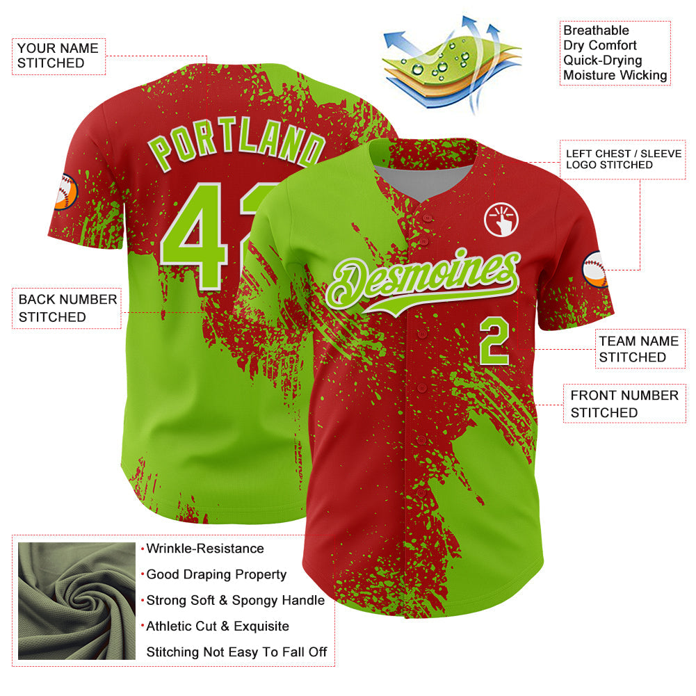 Custom Neon Green Red-White 3D Pattern Design Abstract Brush Stroke Authentic Baseball Jersey view 3