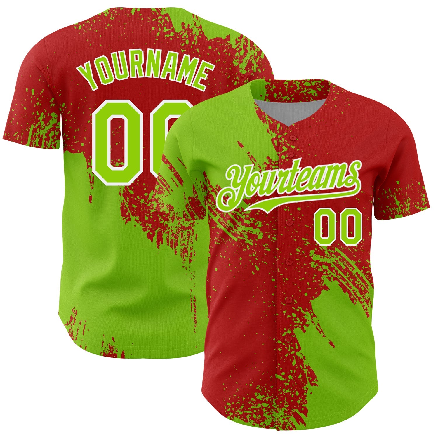Custom Neon Green Red-White 3D Pattern Design Abstract Brush Stroke Authentic Baseball Jersey - Main View
