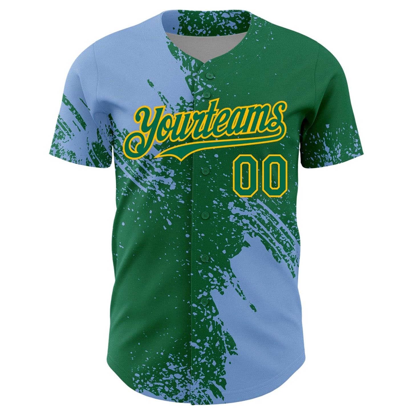 Custom Light Blue Kelly Green-Gold 3D Pattern Design Abstract Brush Stroke Authentic Baseball Jersey view 2