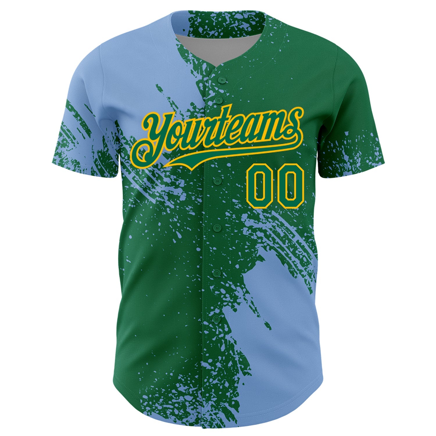 Custom Light Blue Kelly Green-Gold 3D Pattern Design Abstract Brush Stroke Authentic Baseball Jersey view 2