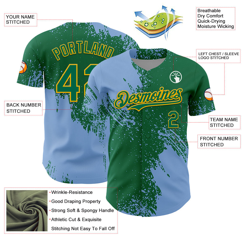 Custom Light Blue Kelly Green-Gold 3D Pattern Design Abstract Brush Stroke Authentic Baseball Jersey view 3
