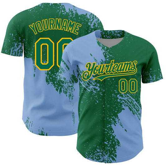 Custom Light Blue Kelly Green-Gold 3D Pattern Design Abstract Brush Stroke Authentic Baseball Jersey - Main View