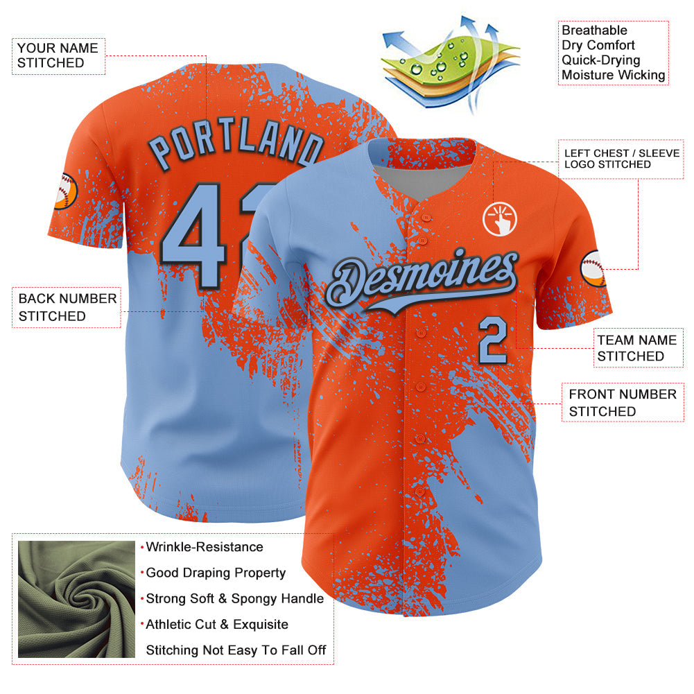 Custom Light Blue Orange-Black 3D Pattern Design Abstract Brush Stroke Authentic Baseball Jersey view 3