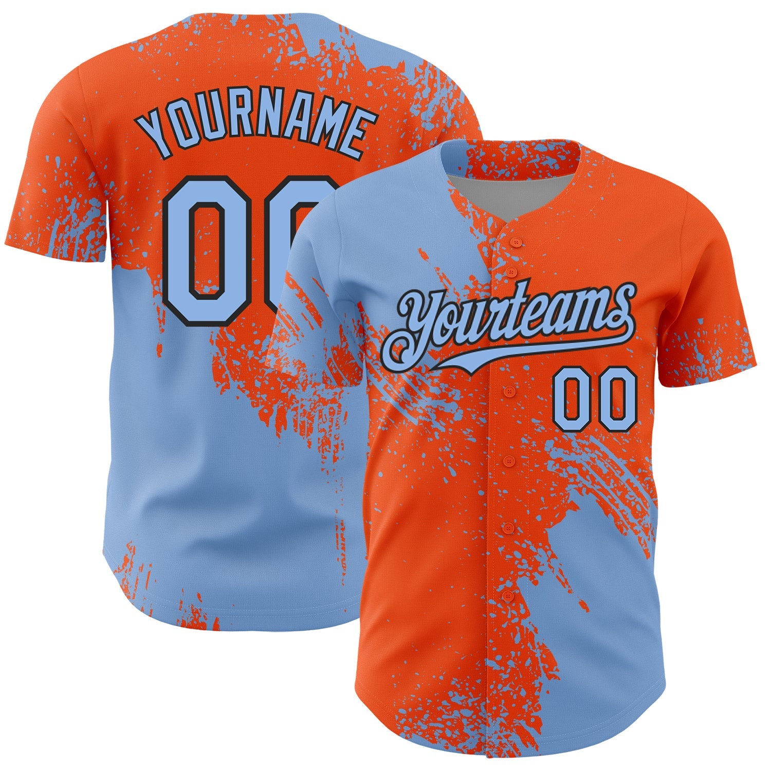 Custom Light Blue Orange-Black 3D Pattern Design Abstract Brush Stroke Authentic Baseball Jersey - Main View