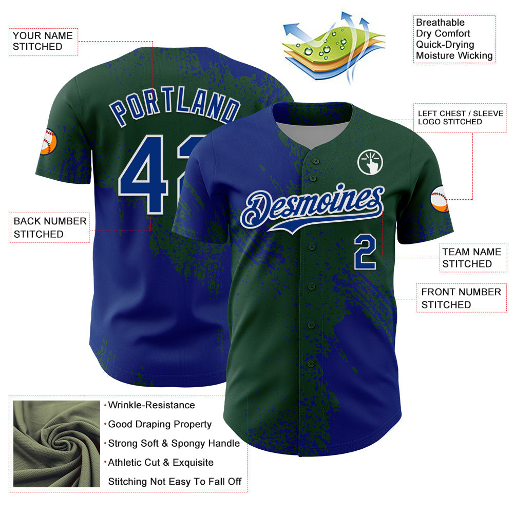 Custom Royal Green-White 3D Pattern Design Abstract Brush Stroke Authentic Baseball Jersey view 3