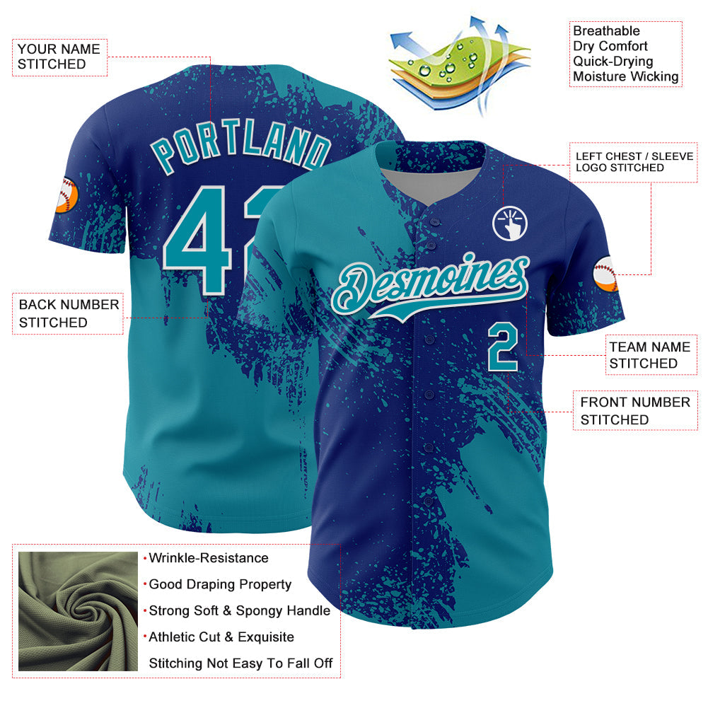 Custom Teal Royal-White 3D Pattern Design Abstract Brush Stroke Authentic Baseball Jersey view 3