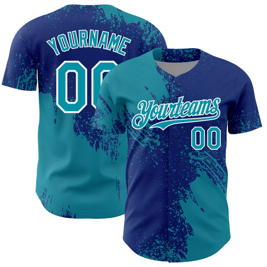 Custom Teal Royal-White 3D Pattern Design Abstract Brush Stroke Authentic Baseball Jersey - Main View
