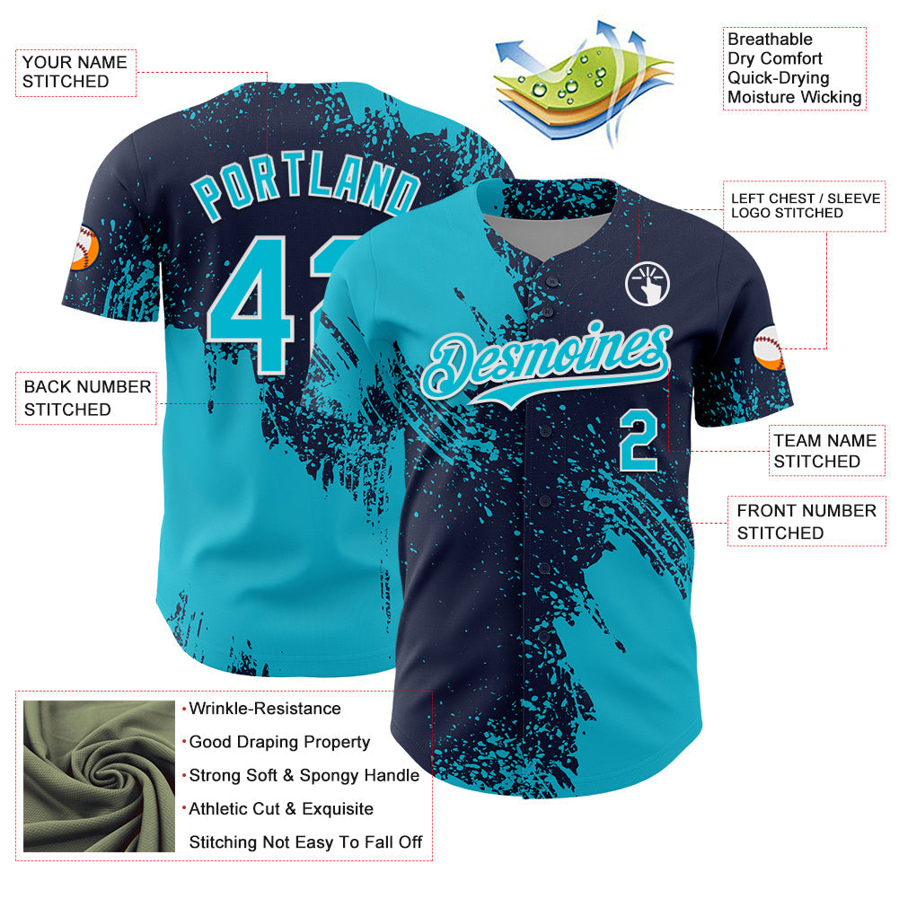 Custom Lakes Blue Navy-White 3D Pattern Design Abstract Brush Stroke Authentic Baseball Jersey view 3