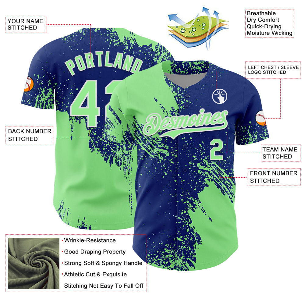 Custom Pea Green Royal-White 3D Pattern Design Abstract Brush Stroke Authentic Baseball Jersey view 3