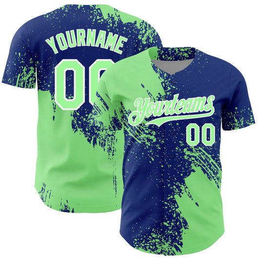 Custom Pea Green Royal-White 3D Pattern Design Abstract Brush Stroke Authentic Baseball Jersey - Main View