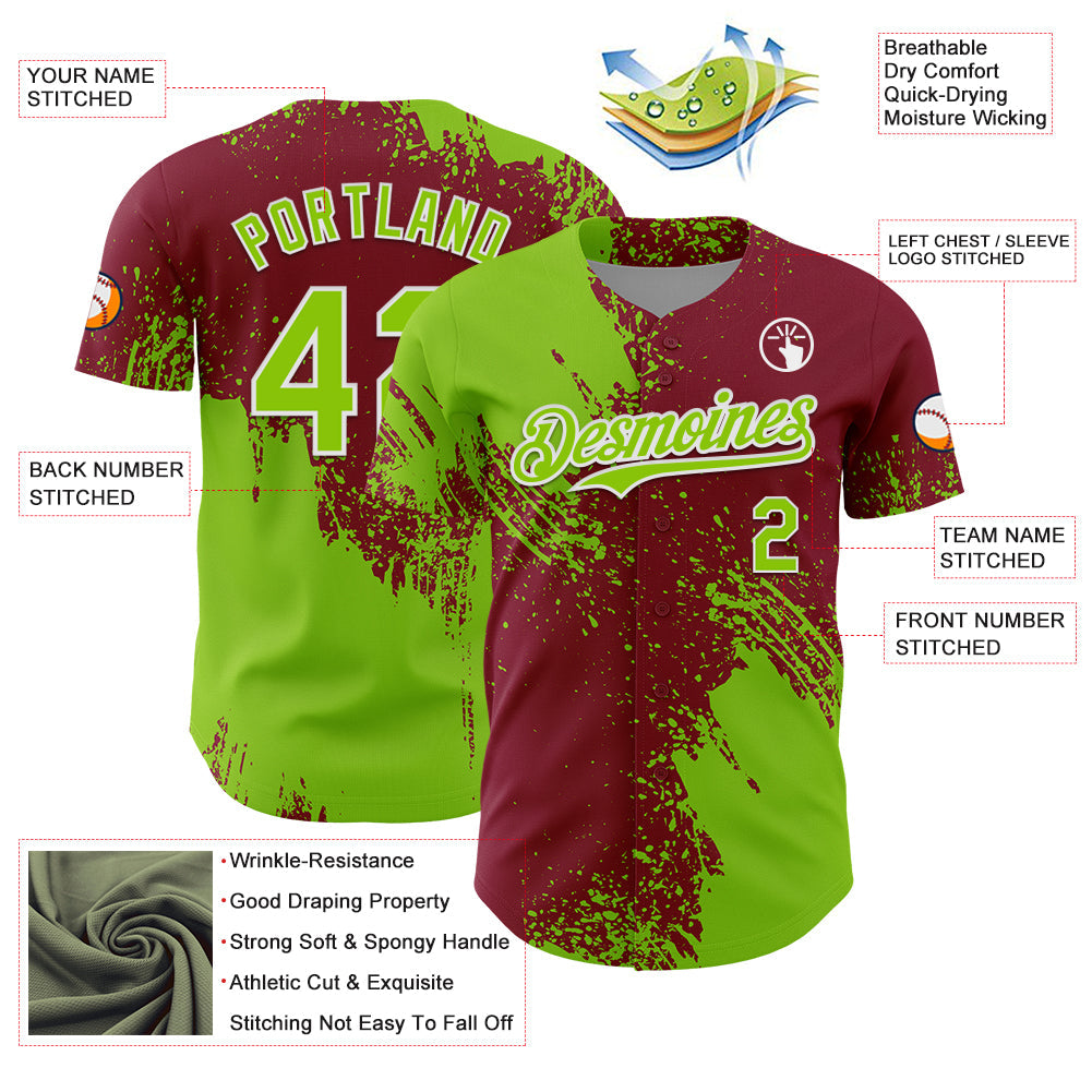 Custom Neon Green Crimson-White 3D Pattern Design Abstract Brush Stroke Authentic Baseball Jersey view 3