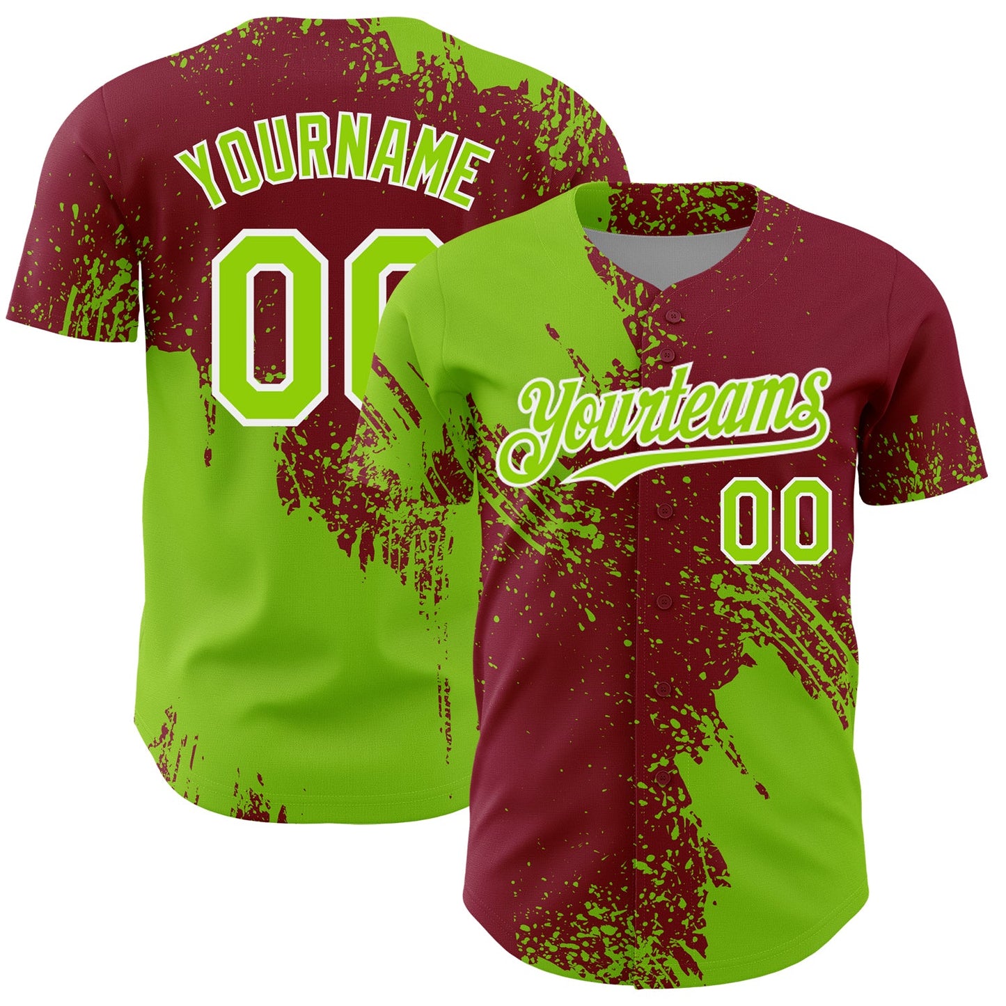 Custom Neon Green Crimson-White 3D Pattern Design Abstract Brush Stroke Authentic Baseball Jersey - Main View