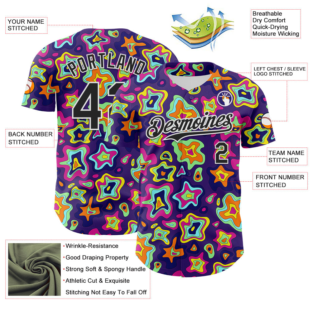 Custom Purple Black-White 3D Pattern Design Rave Psychedelic Fluid Art Authentic Baseball Jersey view 3