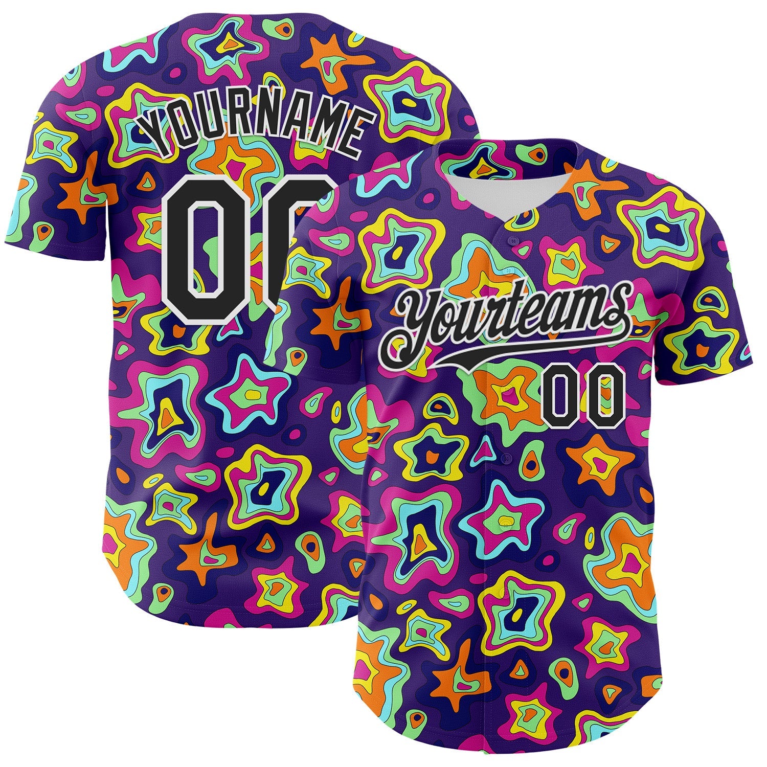 Custom Purple Black-White 3D Pattern Design Rave Psychedelic Fluid Art Authentic Baseball Jersey - Main View