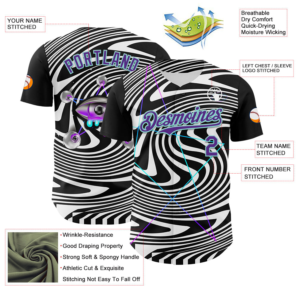 Custom Black Purple-Ice Blue 3D Pattern Design Rave Psychedelic Fluid Art Authentic Baseball Jersey view 3