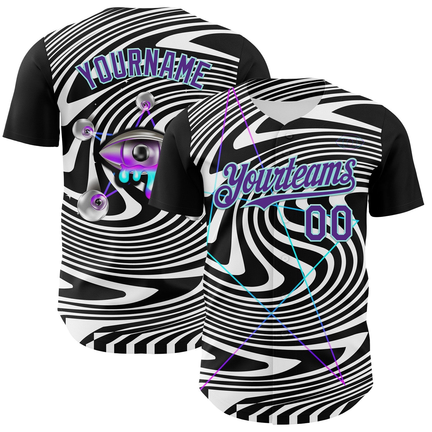 Custom Black Purple-Ice Blue 3D Pattern Design Rave Psychedelic Fluid Art Authentic Baseball Jersey - Main View