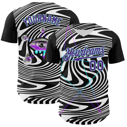 Custom Black Purple-Ice Blue 3D Pattern Design Rave Psychedelic Fluid Art Authentic Baseball Jersey - Main View